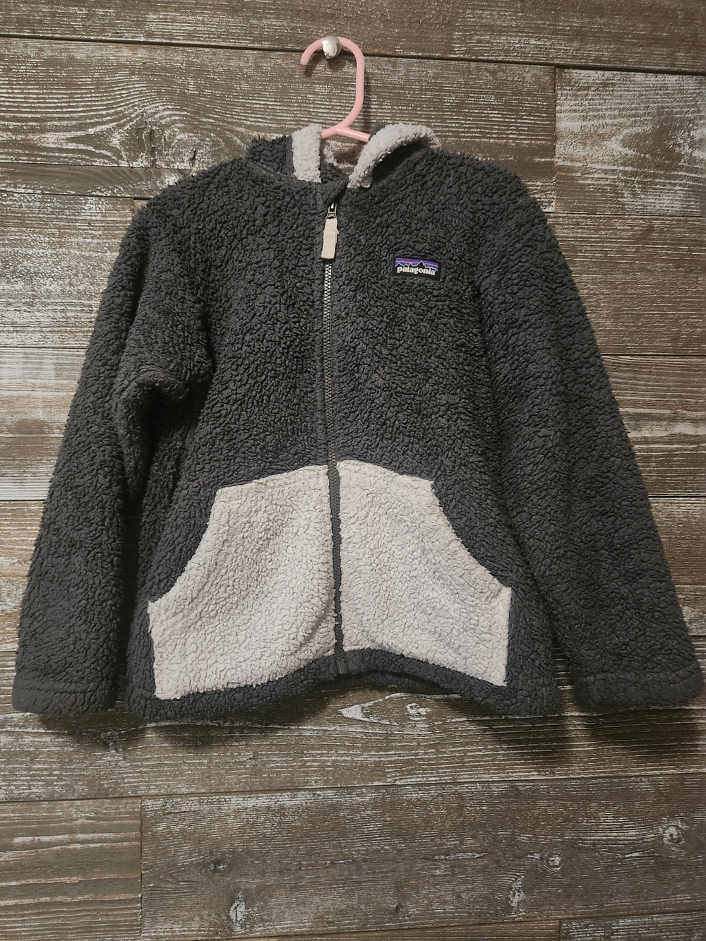 Patagonia Kids Gray Sherpa Hooded Zip Jacket with Cream Pockets